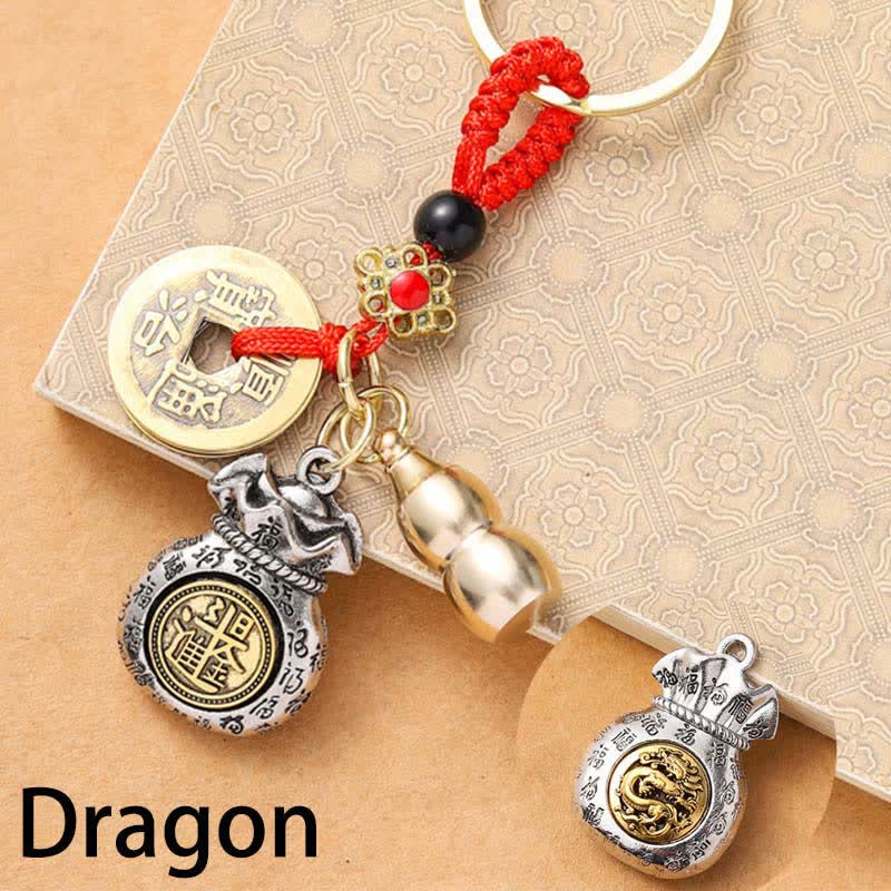 Braided Red String Chinese Zodiac Five Emperor Coins Protection Keychains