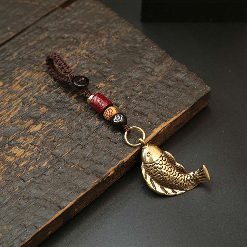 Brass Koi Fish Gourd Five Emperor Coins Wealth Braided Keychains