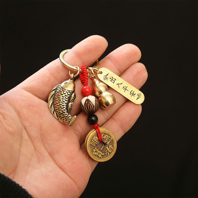 Brass Koi Fish Gourd Five Emperor Coins Wealth Braided Keychains