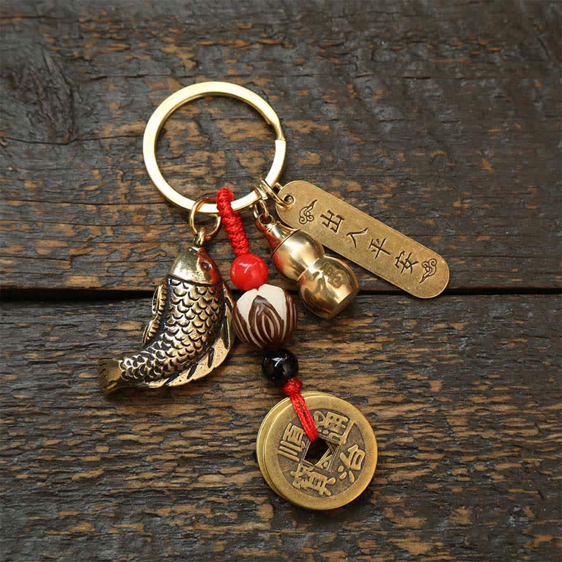 Brass Koi Fish Gourd Five Emperor Coins Wealth Braided Keychains