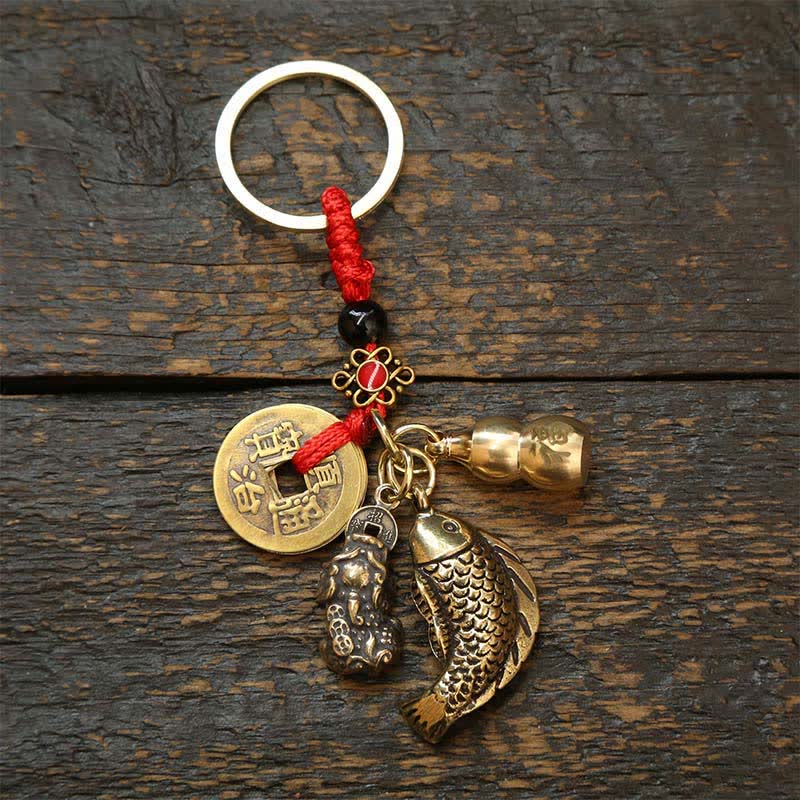 Brass Koi Fish Gourd Five Emperor Coins Wealth Braided Keychains