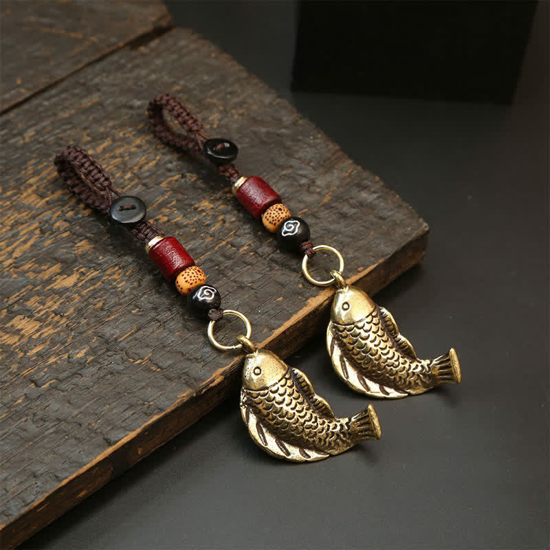 Brass Koi Fish Gourd Five Emperor Coins Wealth Braided Keychains