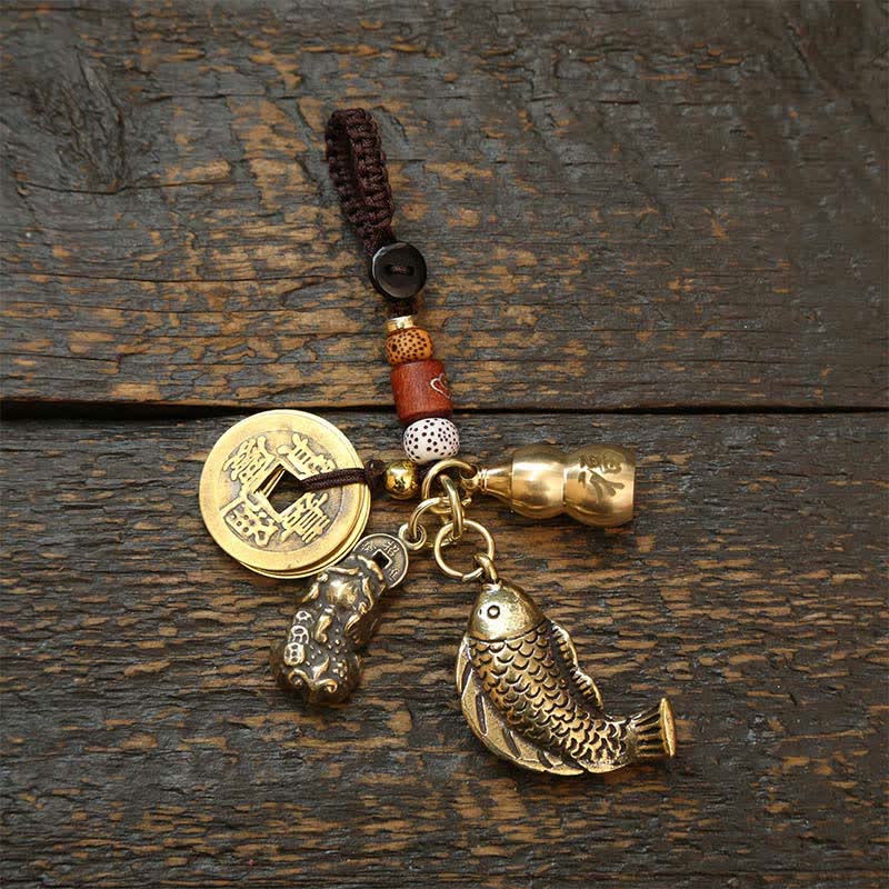 Brass Koi Fish Gourd Five Emperor Coins Wealth Braided Keychains
