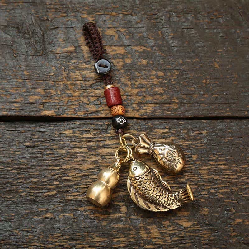 Brass Koi Fish Gourd Five Emperor Coins Wealth Braided Keychains