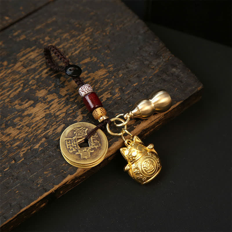 Copper Lucky Cat Chinese Coin Gourd Pi Xiu Braided Keychains