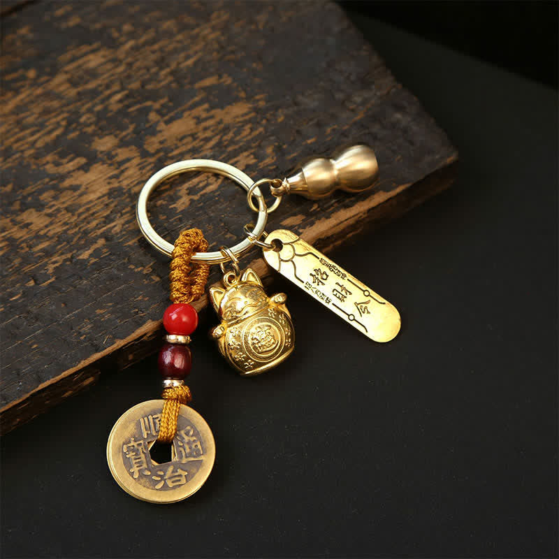 Copper Lucky Cat Chinese Coin Gourd Pi Xiu Braided Keychains