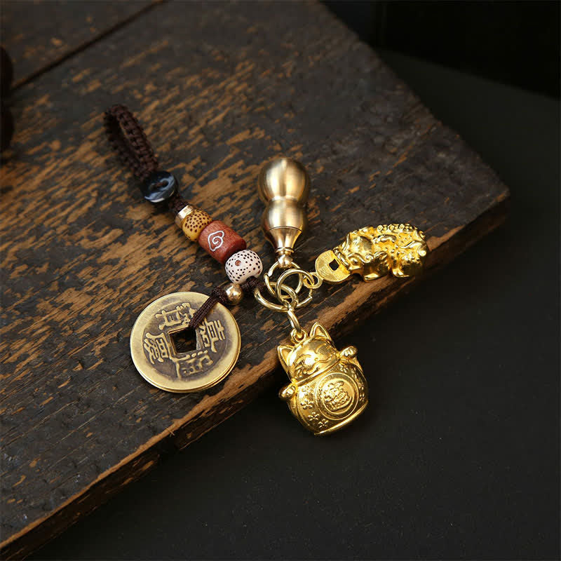 Copper Lucky Cat Chinese Coin Gourd Pi Xiu Braided Keychains