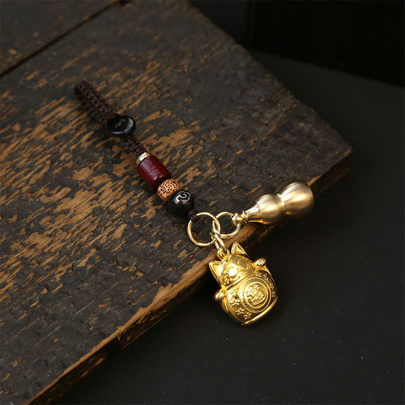 Copper Lucky Cat Chinese Coin Gourd Pi Xiu Braided Keychains