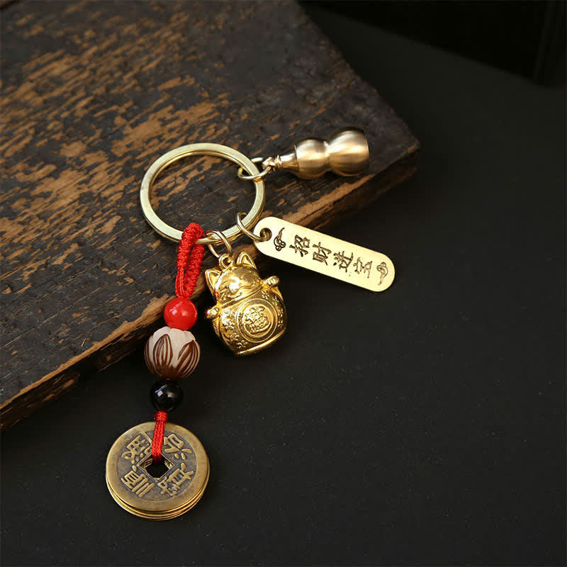 Copper Lucky Cat Chinese Coin Gourd Pi Xiu Braided Keychains