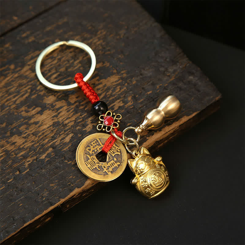 Copper Lucky Cat Chinese Coin Gourd Pi Xiu Braided Keychains