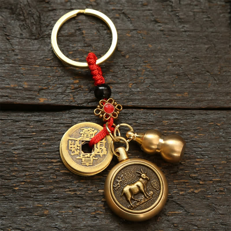 Copper Chinese Zodiac Five Emperor Coins Red String Wealth Keychains