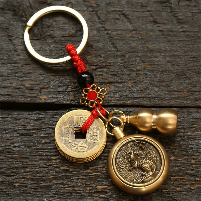 Copper Chinese Zodiac Five Emperor Coins Red String Wealth Keychains