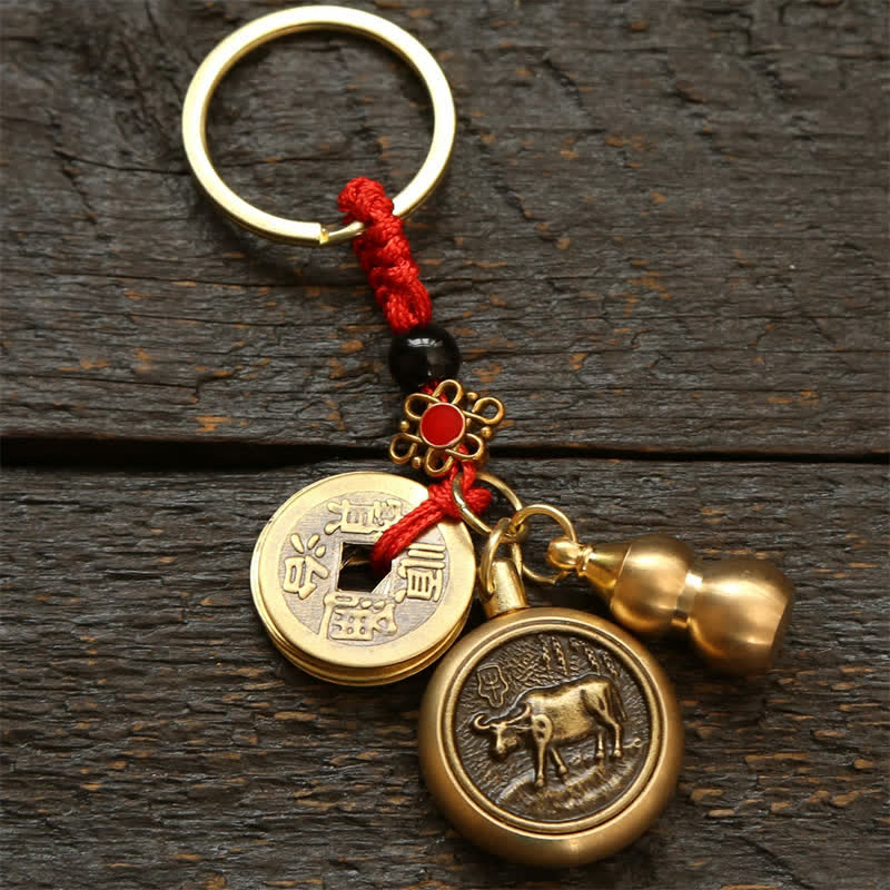 Copper Chinese Zodiac Five Emperor Coins Red String Wealth Keychains