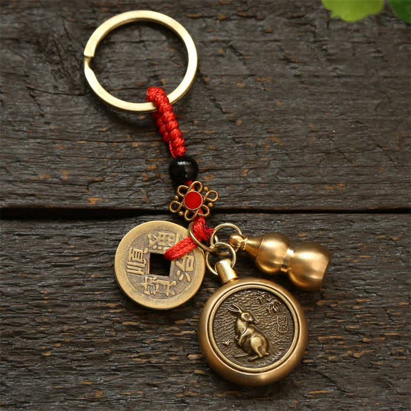 Copper Chinese Zodiac Five Emperor Coins Red String Wealth Keychains