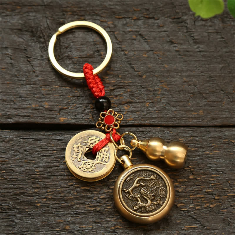 Copper Chinese Zodiac Five Emperor Coins Red String Wealth Keychains