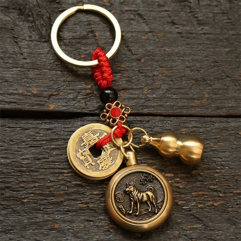 Copper Chinese Zodiac Five Emperor Coins Red String Wealth Keychains