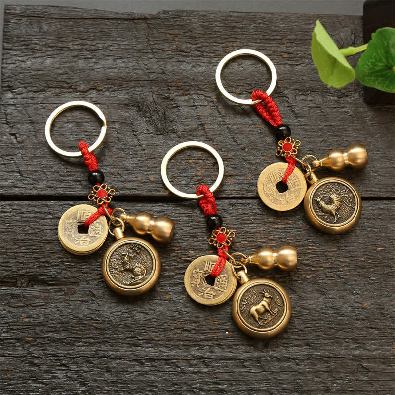 Copper Chinese Zodiac Five Emperor Coins Red String Wealth Keychains