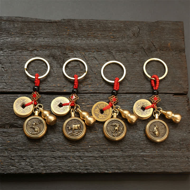 Copper Chinese Zodiac Five Emperor Coins Red String Wealth Keychains