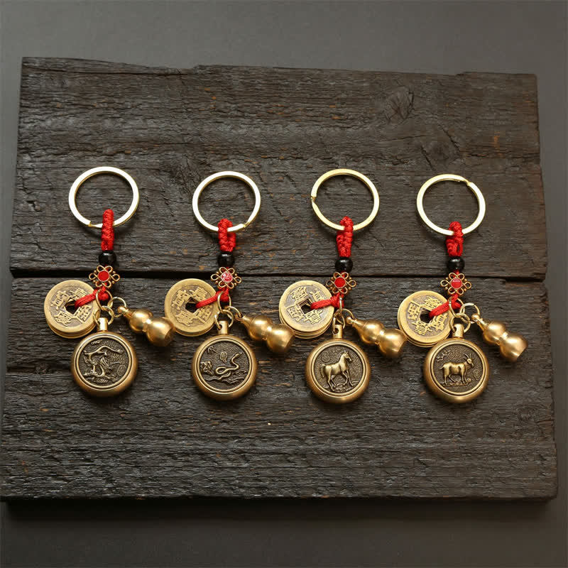 Copper Chinese Zodiac Five Emperor Coins Red String Wealth Keychains