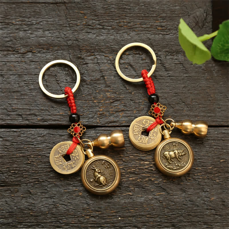 Copper Chinese Zodiac Five Emperor Coins Red String Wealth Keychains