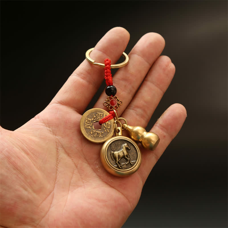 Copper Chinese Zodiac Five Emperor Coins Red String Wealth Keychains