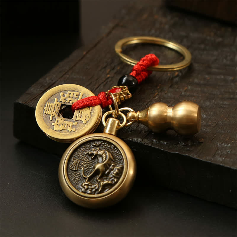 Copper Chinese Zodiac Five Emperor Coins Red String Wealth Keychains