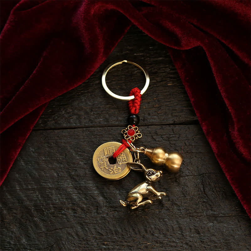 Copper Chinese Zodiac Five Emperor Coins Gourd Wealth Keychains