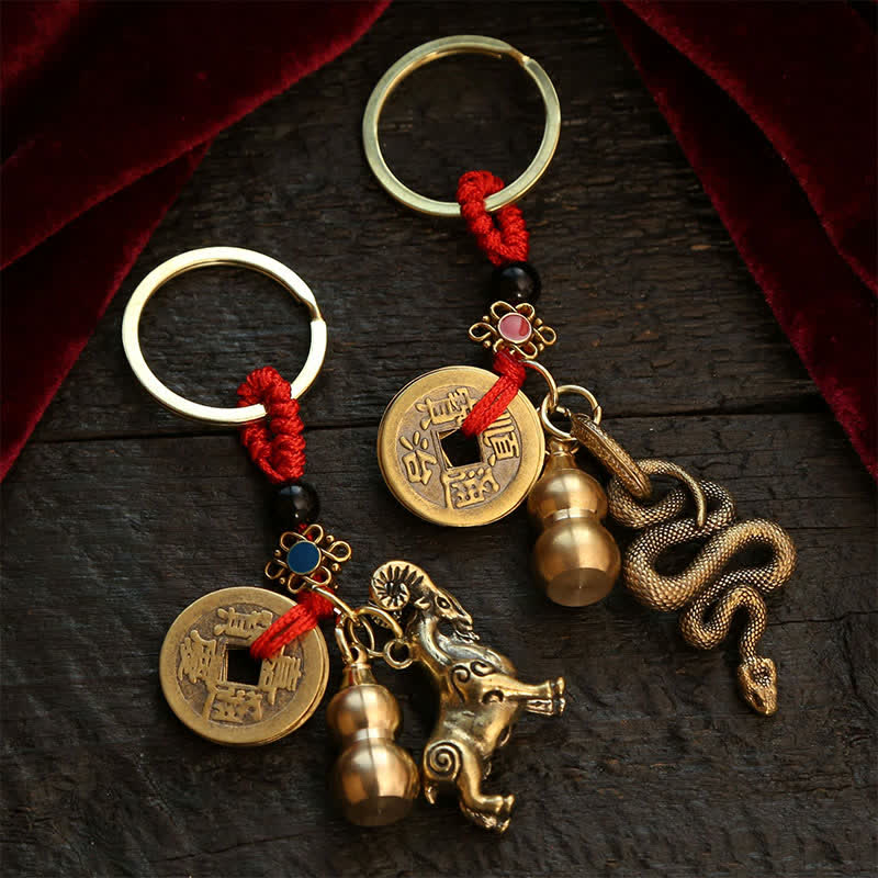 Copper Chinese Zodiac Five Emperor Coins Gourd Wealth Keychains