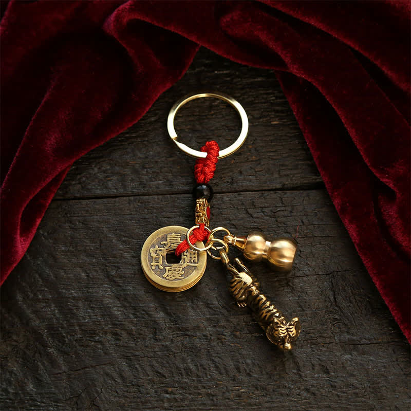 Copper Chinese Zodiac Five Emperor Coins Gourd Wealth Keychains