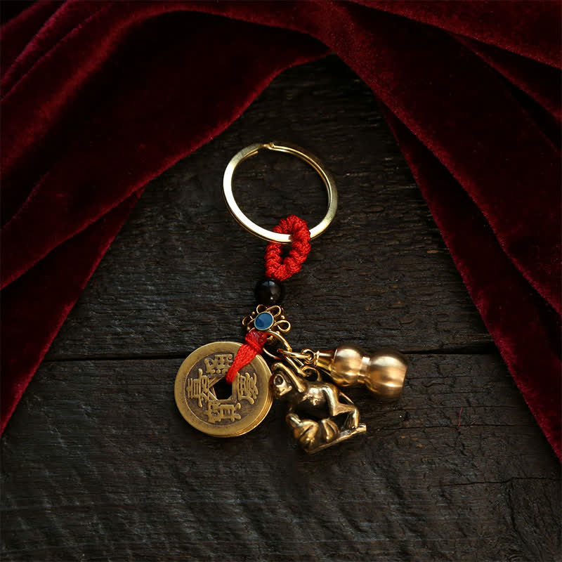 Copper Chinese Zodiac Five Emperor Coins Gourd Wealth Keychains