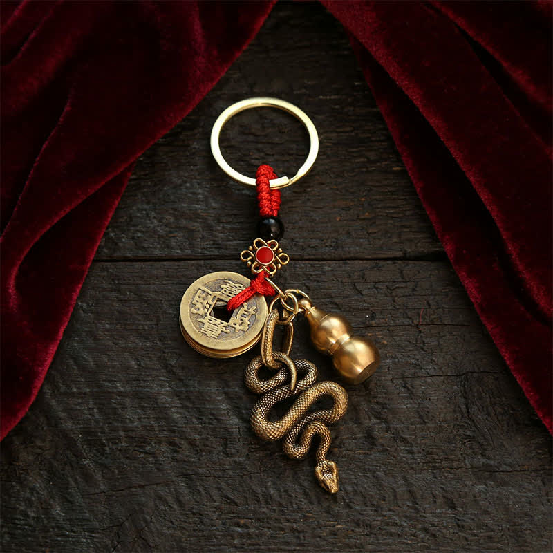 Copper Chinese Zodiac Five Emperor Coins Gourd Wealth Keychains