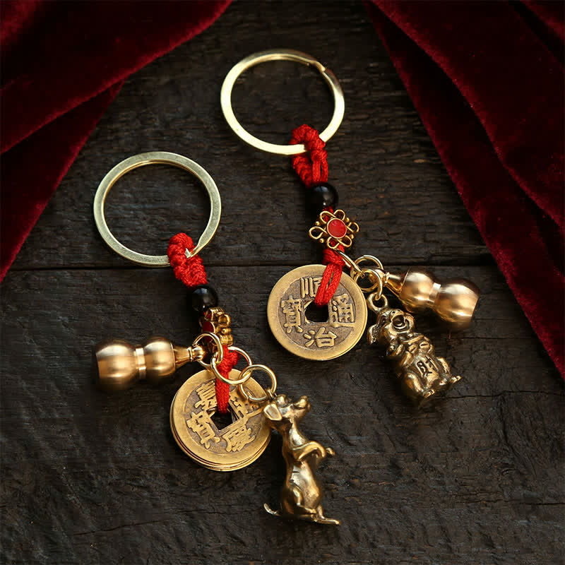 Copper Chinese Zodiac Five Emperor Coins Gourd Wealth Keychains