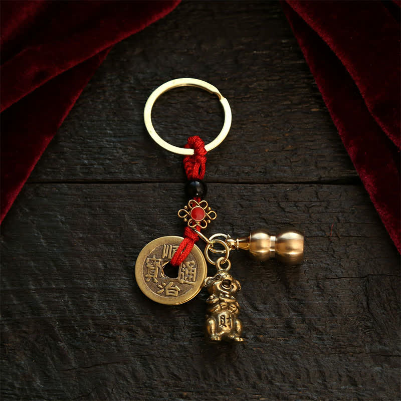Copper Chinese Zodiac Five Emperor Coins Gourd Wealth Keychains