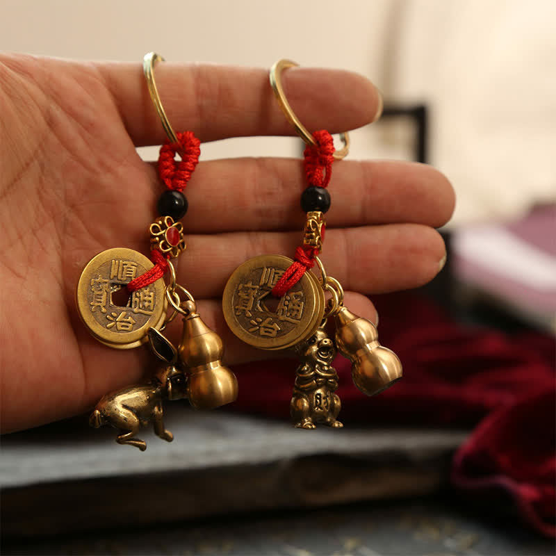Copper Chinese Zodiac Five Emperor Coins Gourd Wealth Keychains