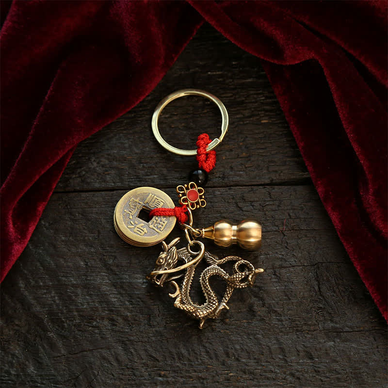 Copper Chinese Zodiac Five Emperor Coins Gourd Wealth Keychains