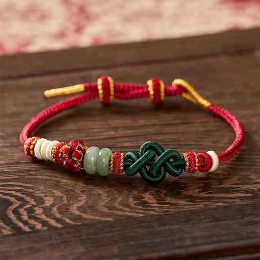 Handmade Braided Ruyi Peach Blossoms Knot Jade Luck Adjustable Bracelet