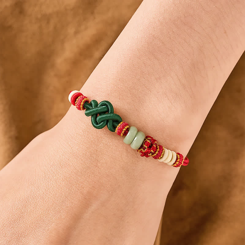 Handmade Braided Ruyi Peach Blossoms Knot Jade Luck Adjustable Bracelet