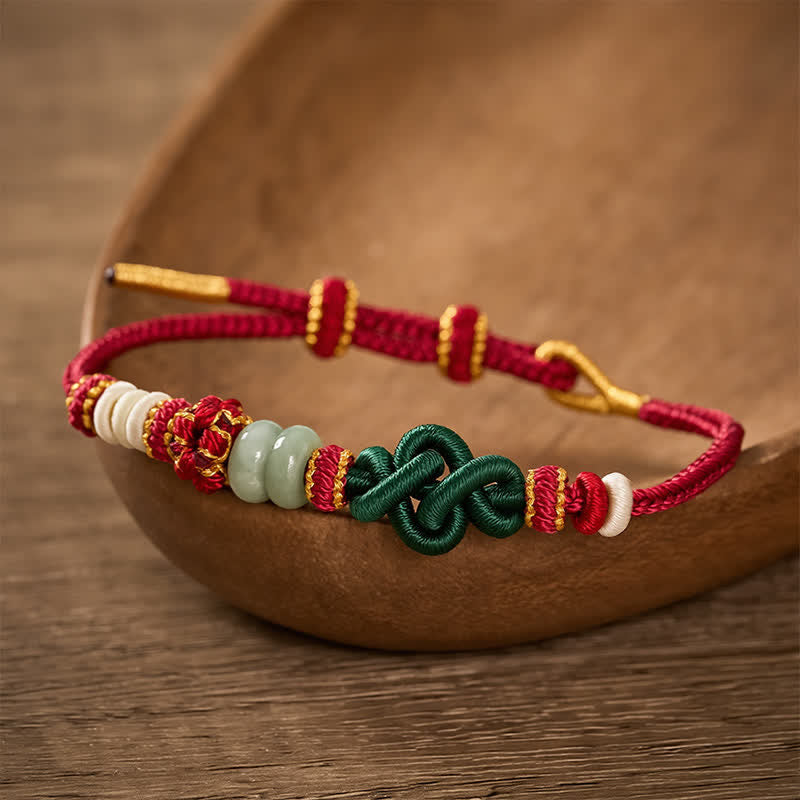 Handmade Braided Ruyi Peach Blossoms Knot Jade Luck Adjustable Bracelet