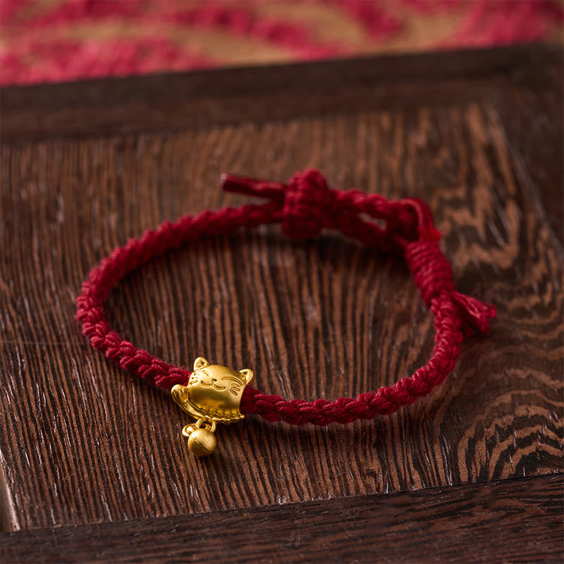 Tibetan Red String Copper Lucky Cat Drop Ball Pendant Hand-Woven Protection Bracelet