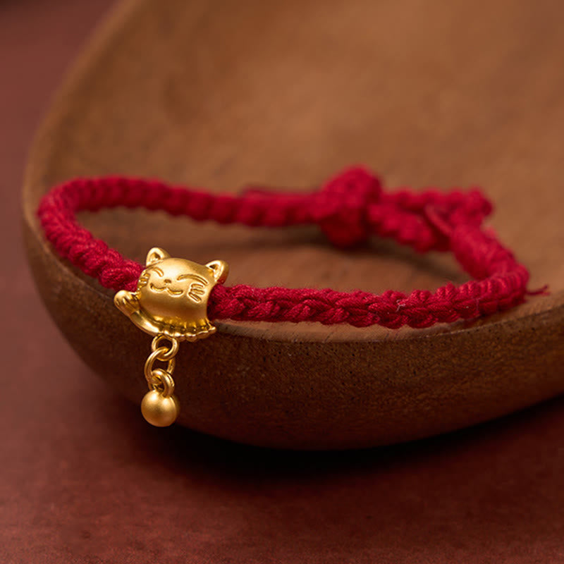 Tibetan Red String Copper Lucky Cat Drop Ball Pendant Hand-Woven Protection Bracelet