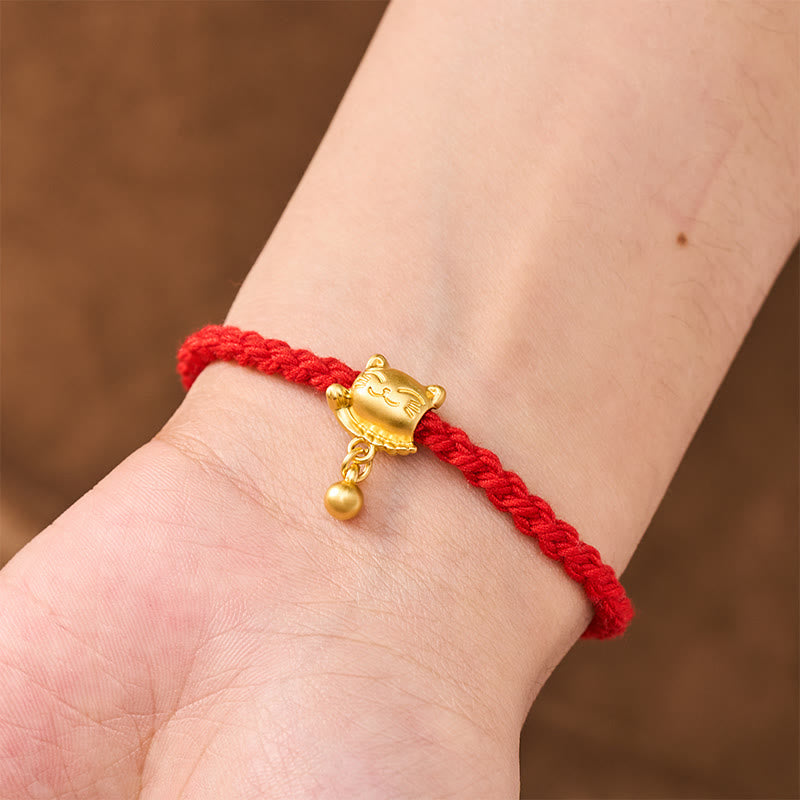 Tibetan Red String Copper Lucky Cat Drop Ball Pendant Hand-Woven Protection Bracelet