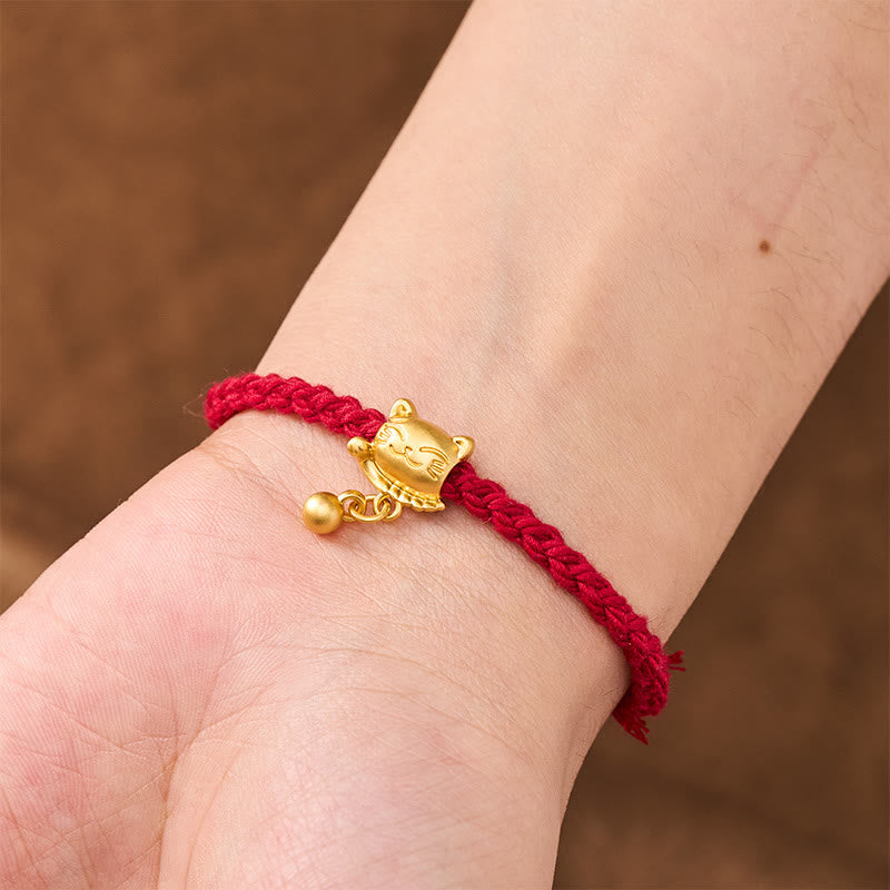 Tibetan Red String Copper Lucky Cat Drop Ball Pendant Hand-Woven Protection Bracelet