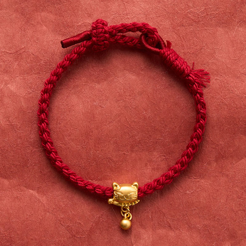 Tibetan Red String Copper Lucky Cat Drop Ball Pendant Hand-Woven Protection Bracelet