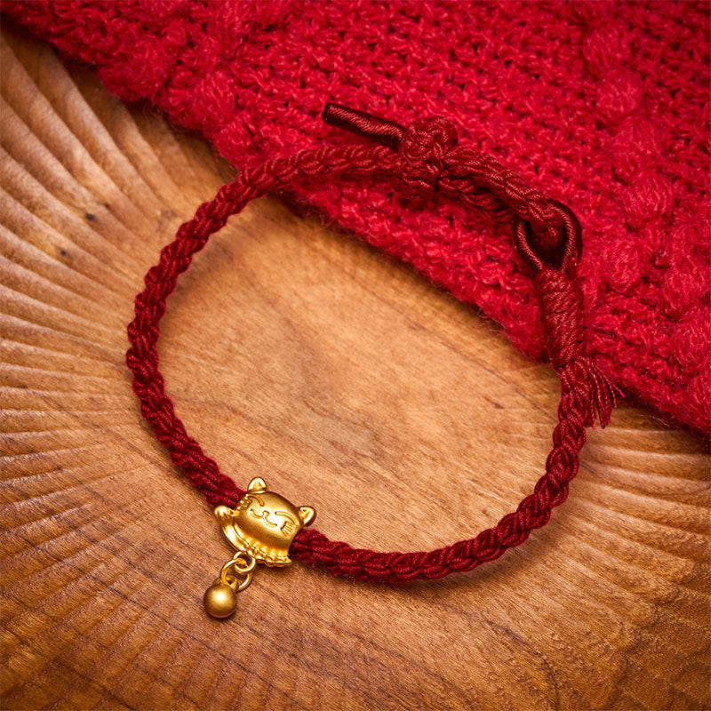 Tibetan Red String Copper Lucky Cat Drop Ball Pendant Hand-Woven Protection Bracelet