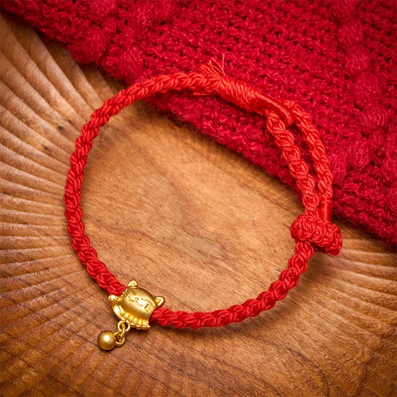 Tibetan Red String Copper Lucky Cat Drop Ball Pendant Hand-Woven Protection Bracelet