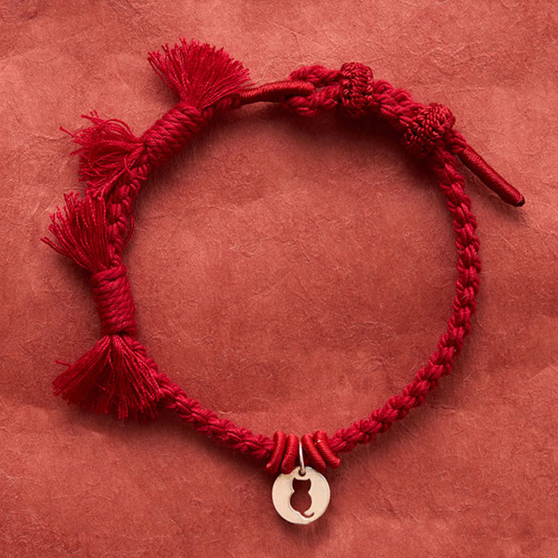 925 Sterling Silver Red String Protection Cat Round Hollow Design Charm Bracelet