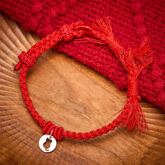 925 Sterling Silver Red String Protection Cat Round Hollow Design Charm Bracelet