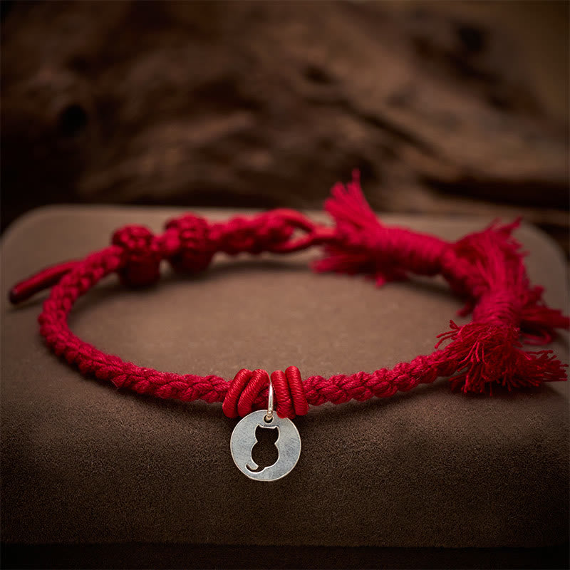 925 Sterling Silver Red String Protection Cat Round Hollow Design Charm Bracelet