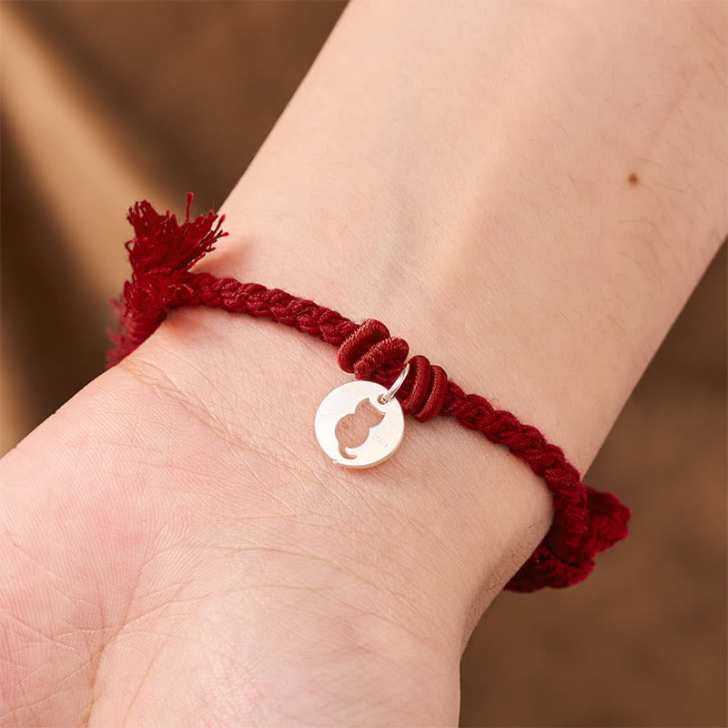 925 Sterling Silver Red String Protection Cat Round Hollow Design Charm Bracelet