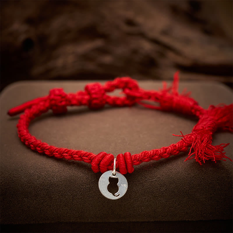 925 Sterling Silver Red String Protection Cat Round Hollow Design Charm Bracelet